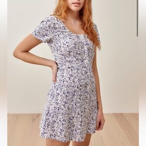 Reformation Margeaux button up dress in Johanna white and purple floral print